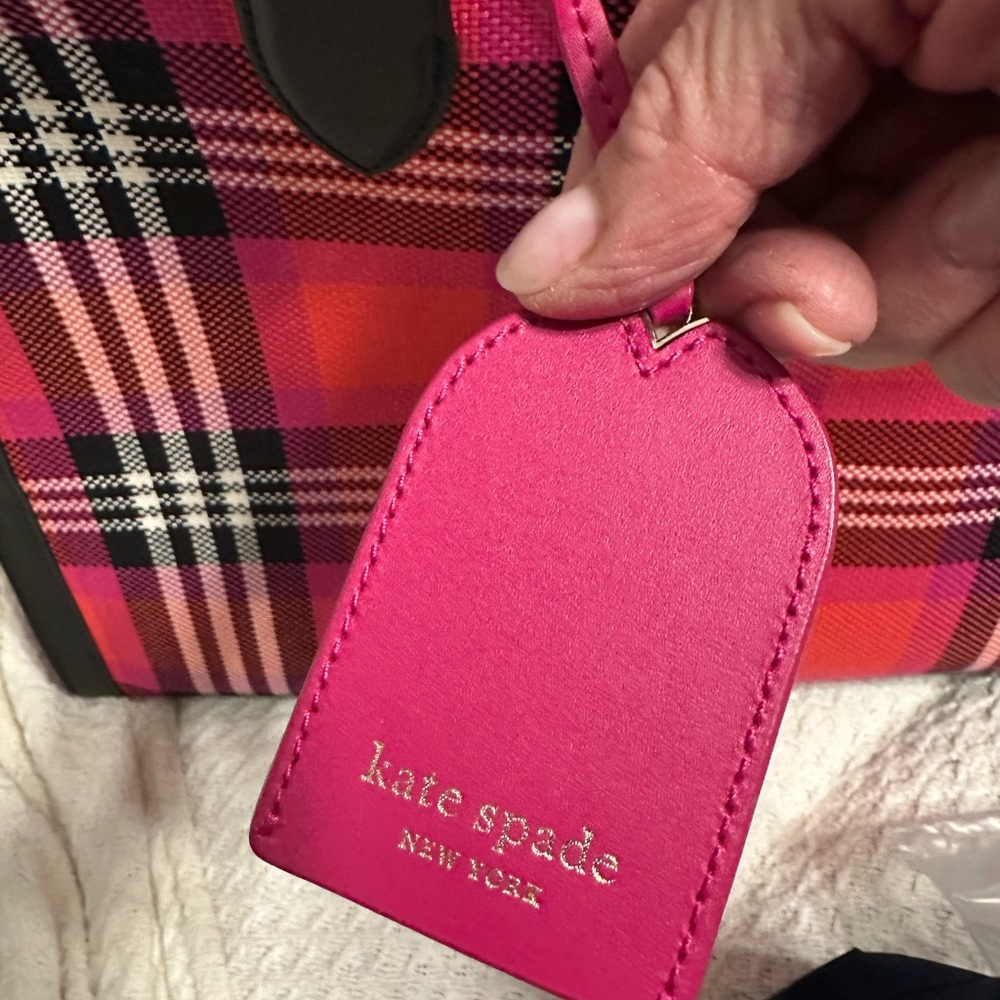Kate Spade Manhattan Foliage plaid fabric large tote in Vibrant Pink and Black - Picture 9 of 10